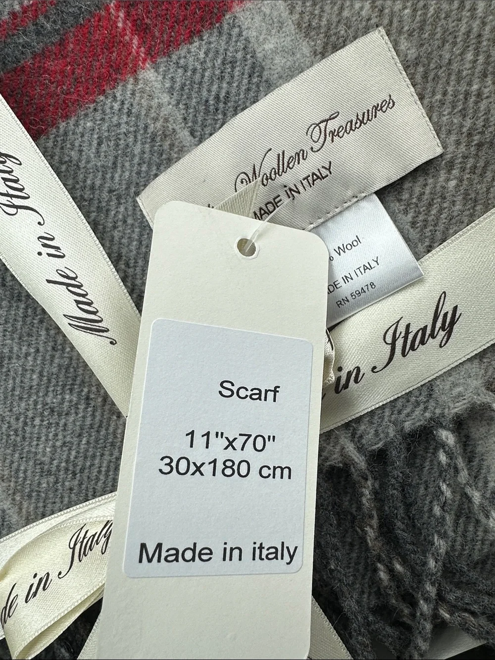 Italian Woollen Treasures Men’s Gray Silver Tan Red Fringe Wool Scarf
